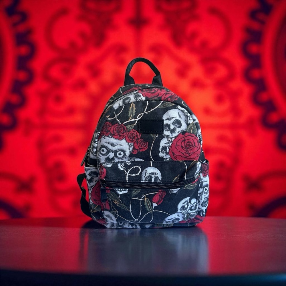 Skull & Rose Print Mini Backpack - Black and Red